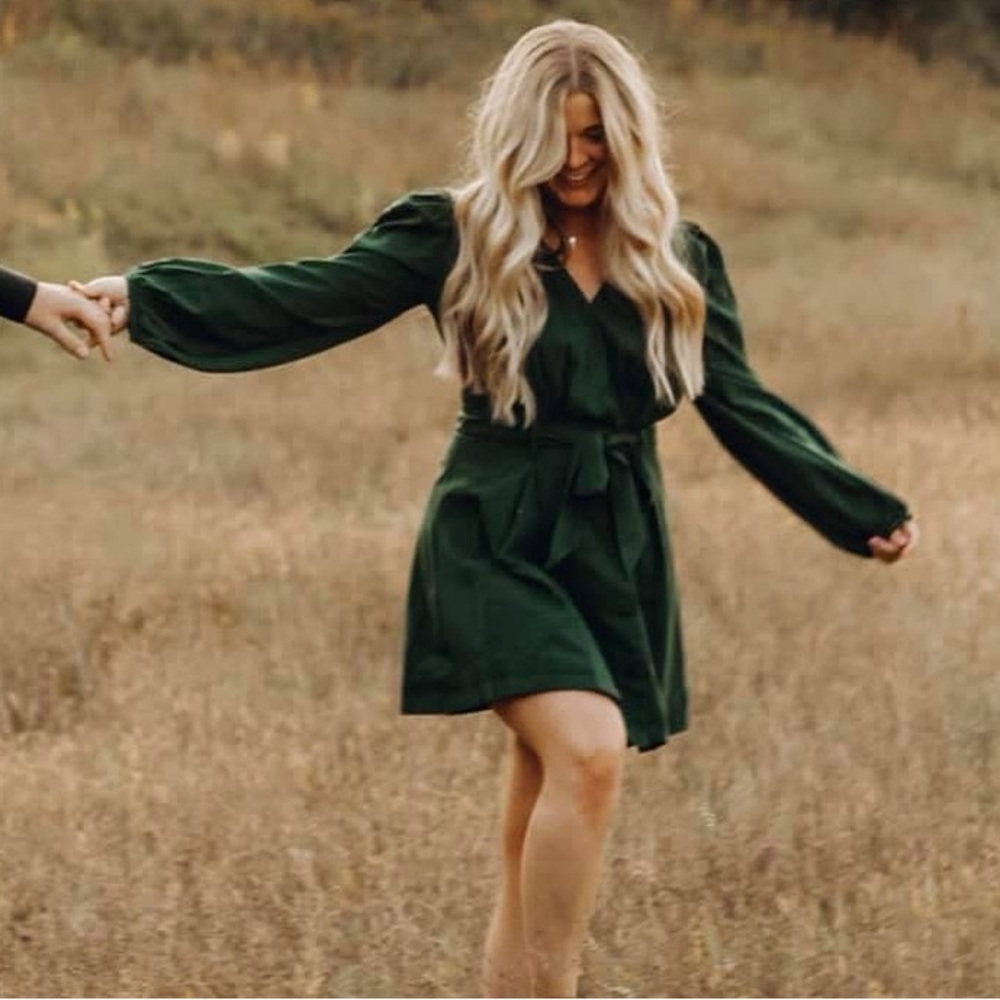 Forest green bell sleeve wrap dress